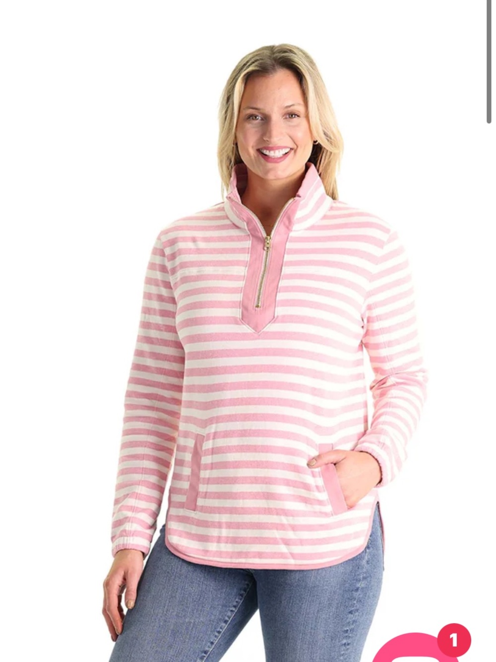 Duffield Lane Tory Tunic Pink and White Striped Half-Zip Pullover Sweatshirt